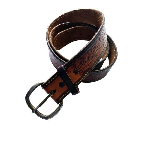 Vintage Brown Leather Belt Floral Embossed Belt B80 - Picture 1 of 4